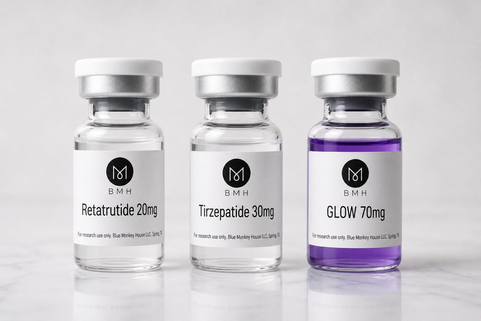 Blue Monkey House research peptide vials — Retatrutide, Tirzepatide, and GLOW